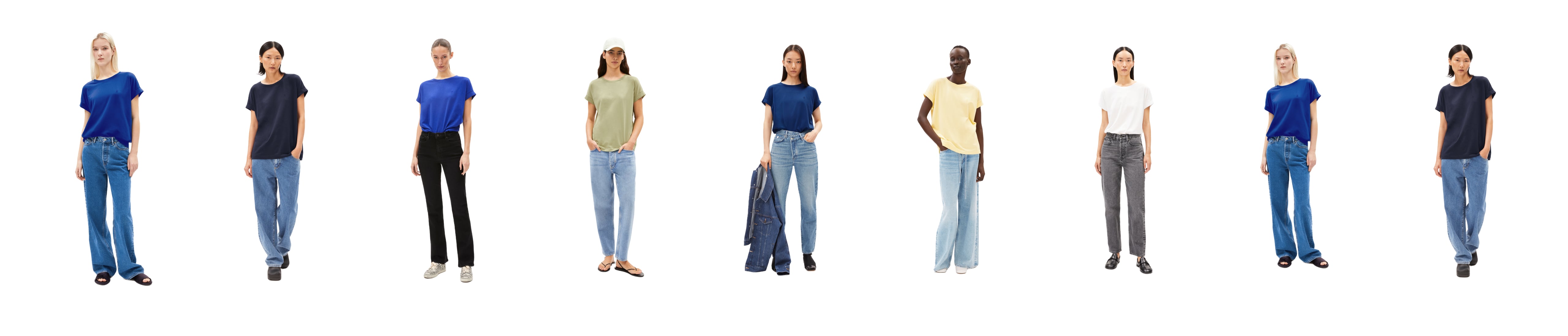 Mehrere Models tragen verschiedene T-Shirts und Jeans in unterschiedlichen Farben und Schnitten, nebeneinander auf weißem Hintergrund angeordnet.