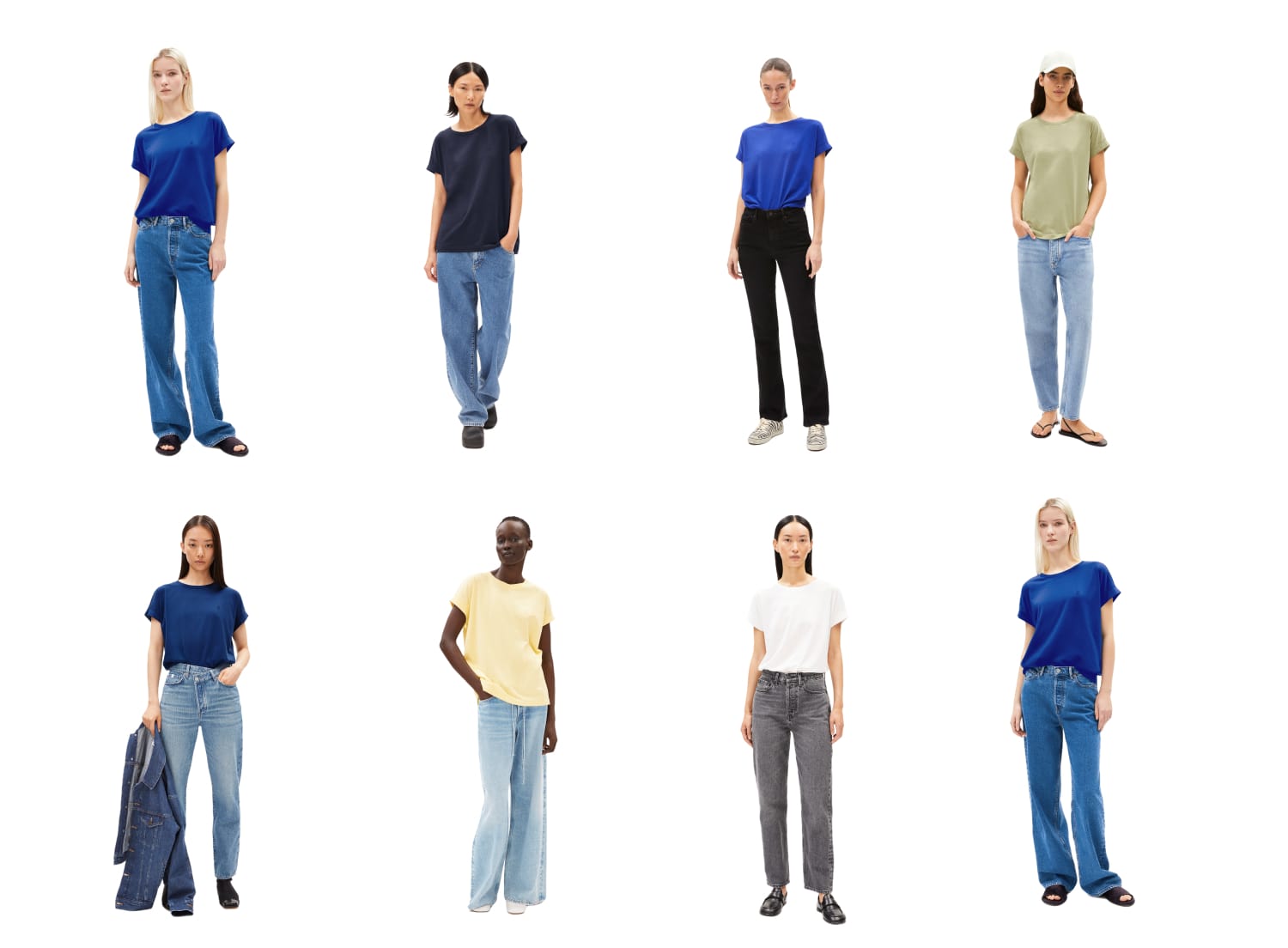 Mehrere Models tragen verschiedene T-Shirts und Jeans in unterschiedlichen Farben und Schnitten, nebeneinander auf weißem Hintergrund angeordnet.