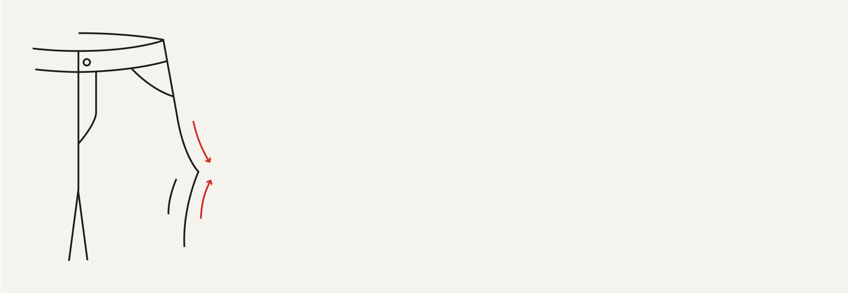 Minimalistische Grafik einer Jeans in Seitenansicht, gezeichnet mit dünnen schwarzen Linien, ergänzt durch ein rotes Größensymbol an der Hüfte, auf beigem Hintergrund.