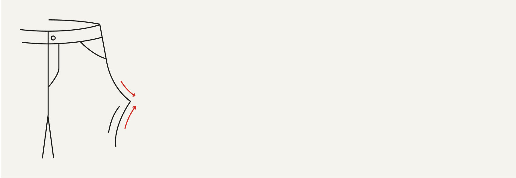 Minimalistische Grafik einer Jeans in Seitenansicht, gezeichnet mit dünnen schwarzen Linien, ergänzt durch ein rotes Größensymbol an der Hüfte, auf beigem Hintergrund.