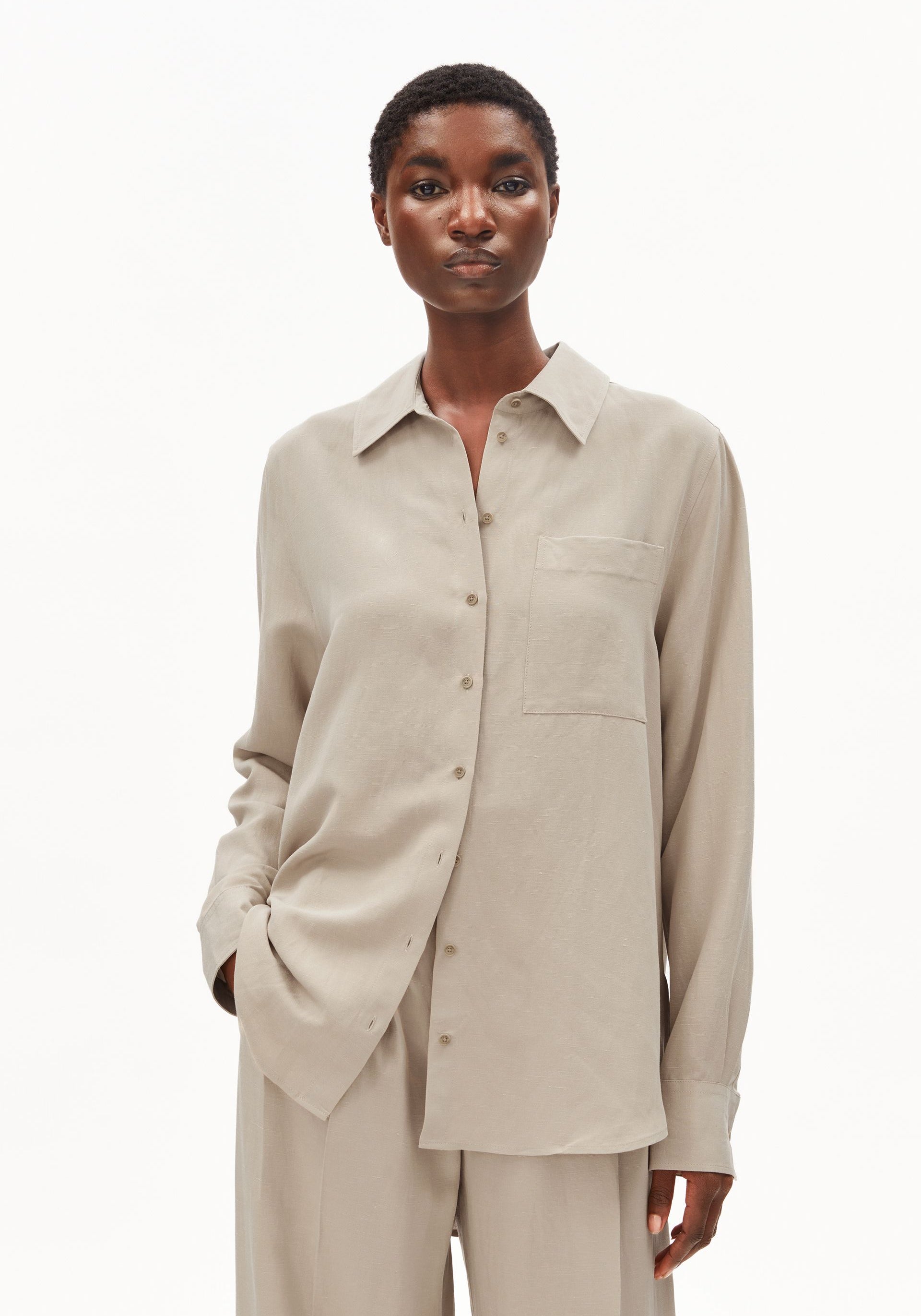 LINEN BLEND SHIRT BLOUSE for women in beige