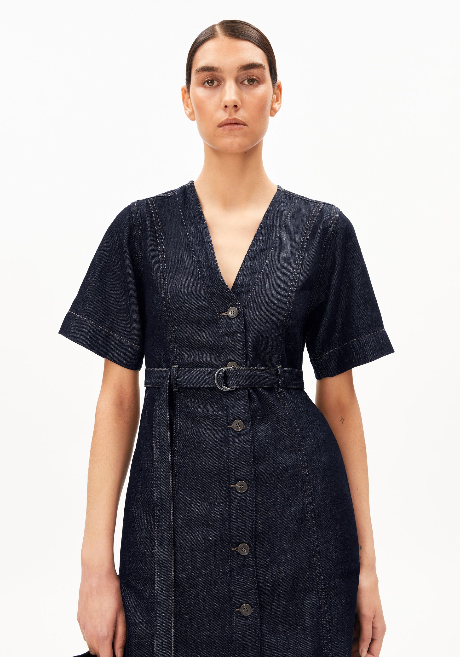 BELTED DENIM MIDI DRESS for women in blue