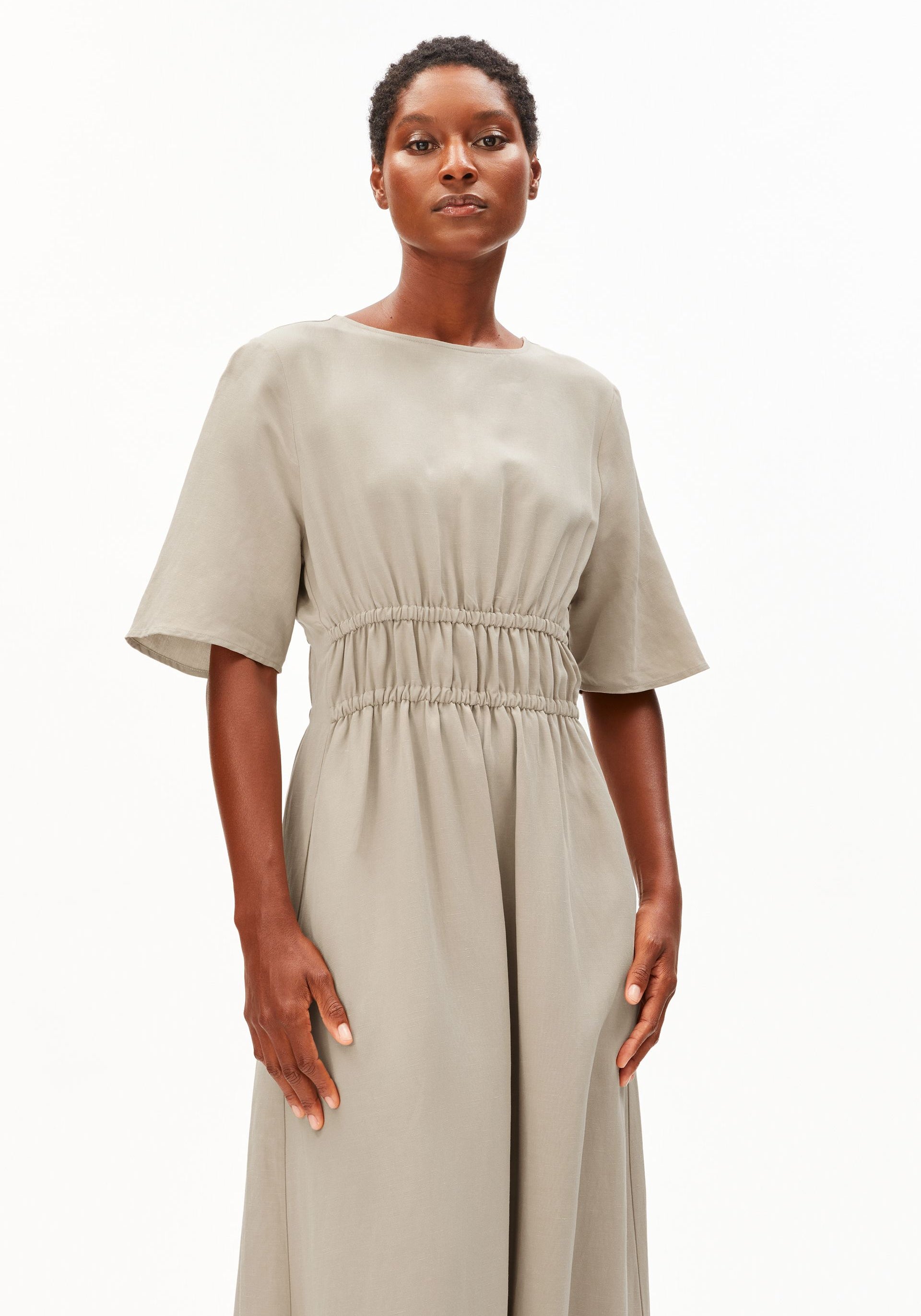 LINEN BLEND GATHERED DRESS for women in beige