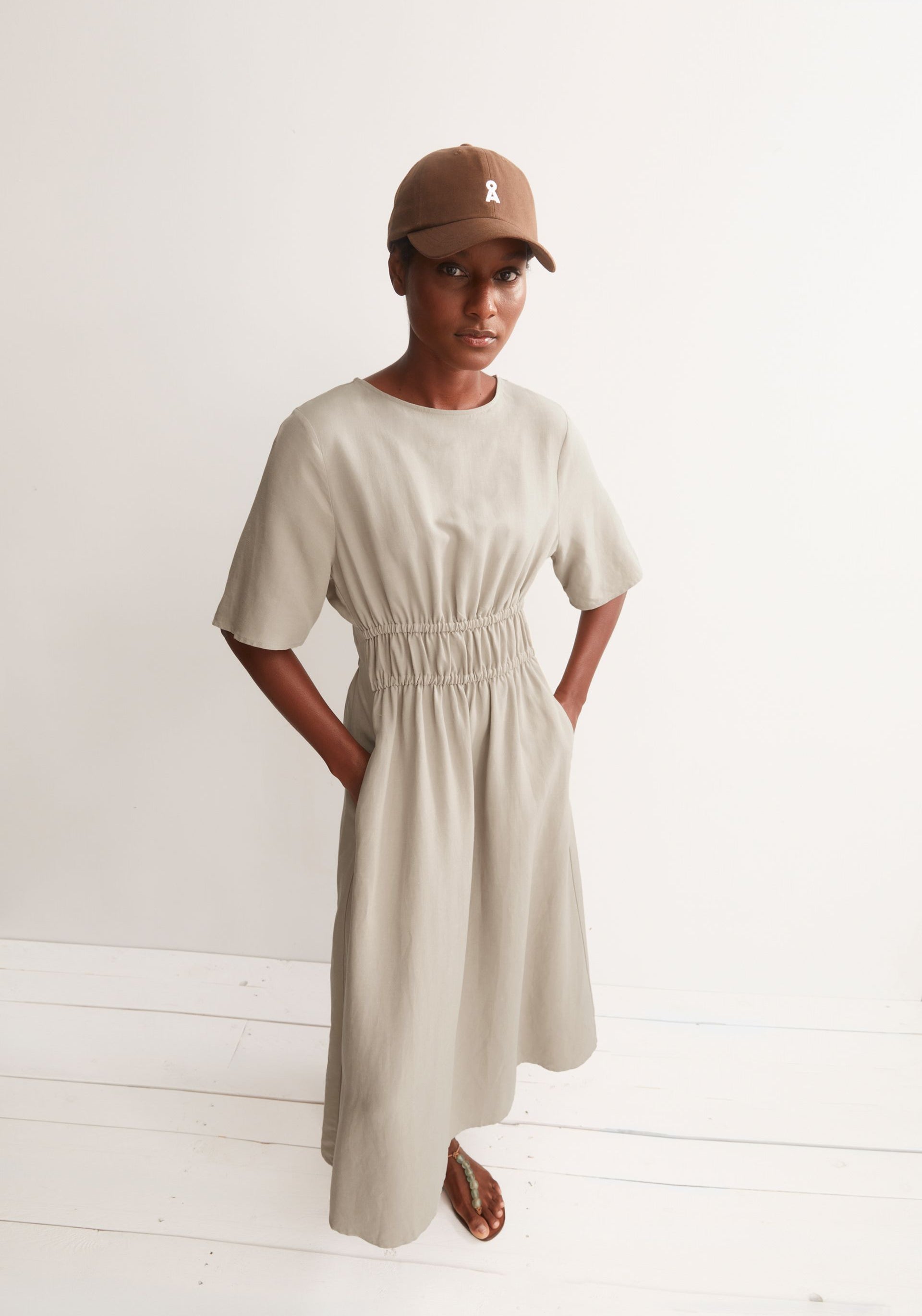 LINEN BLEND GATHERED DRESS for women in beige LINEN BLEND GATHERED DRESS for women in beige