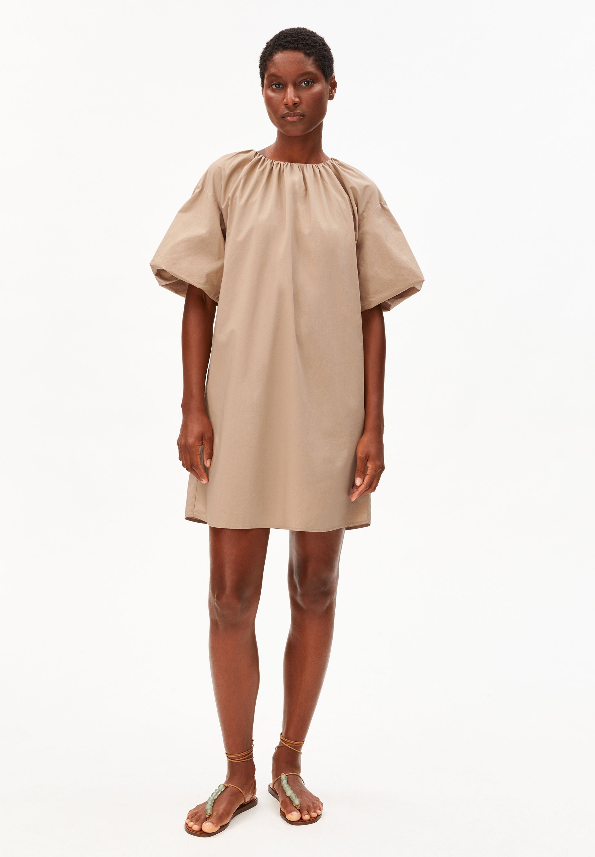POPLIN MINI BALLOON SL DRESS for women in brown