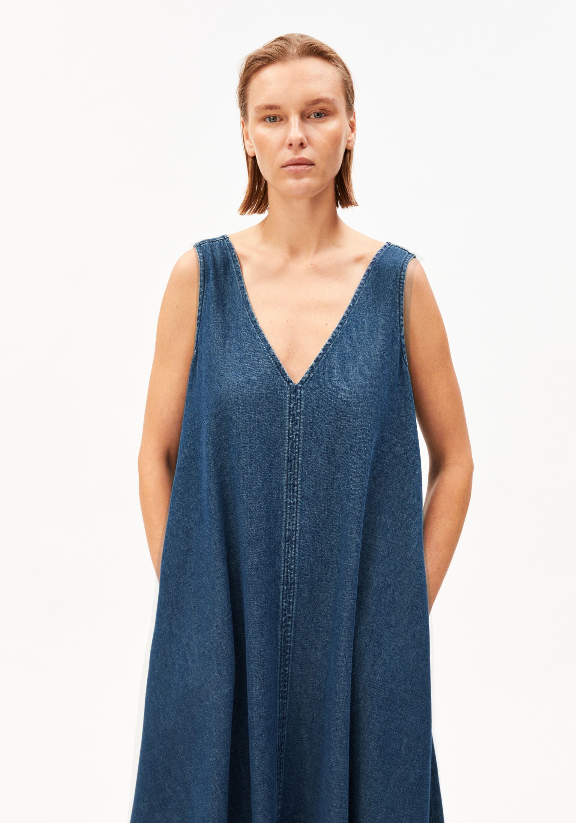 DENIM V-NECK MIDI DRESS for women in blue