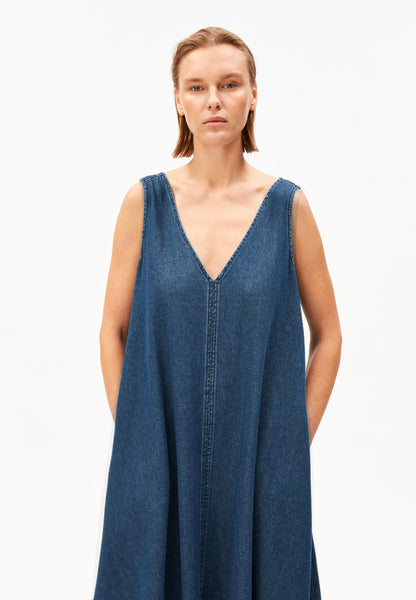 DENIM V-NECK MIDI DRESS for women in blue
