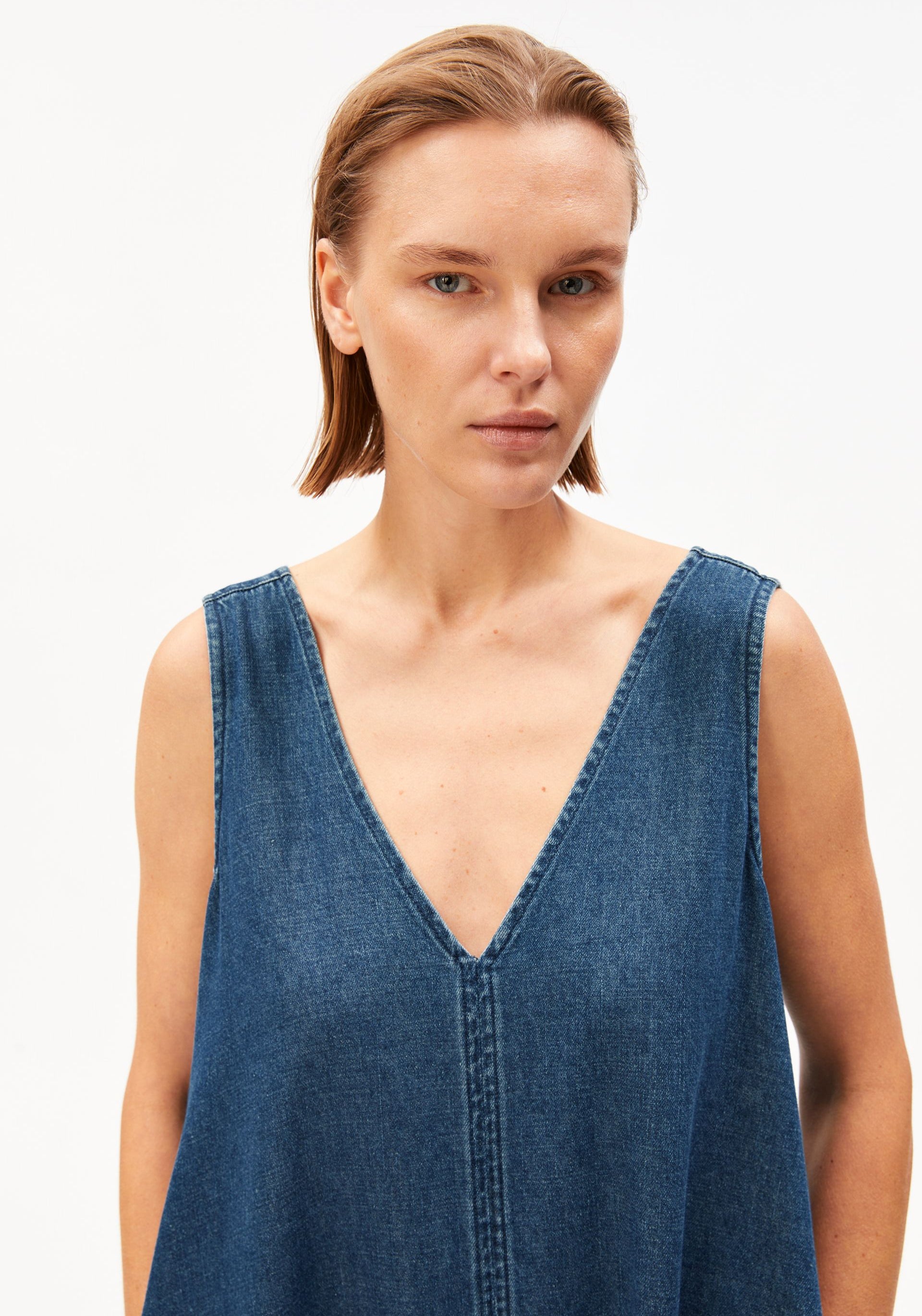 DENIM V-NECK MIDI DRESS for women in blue