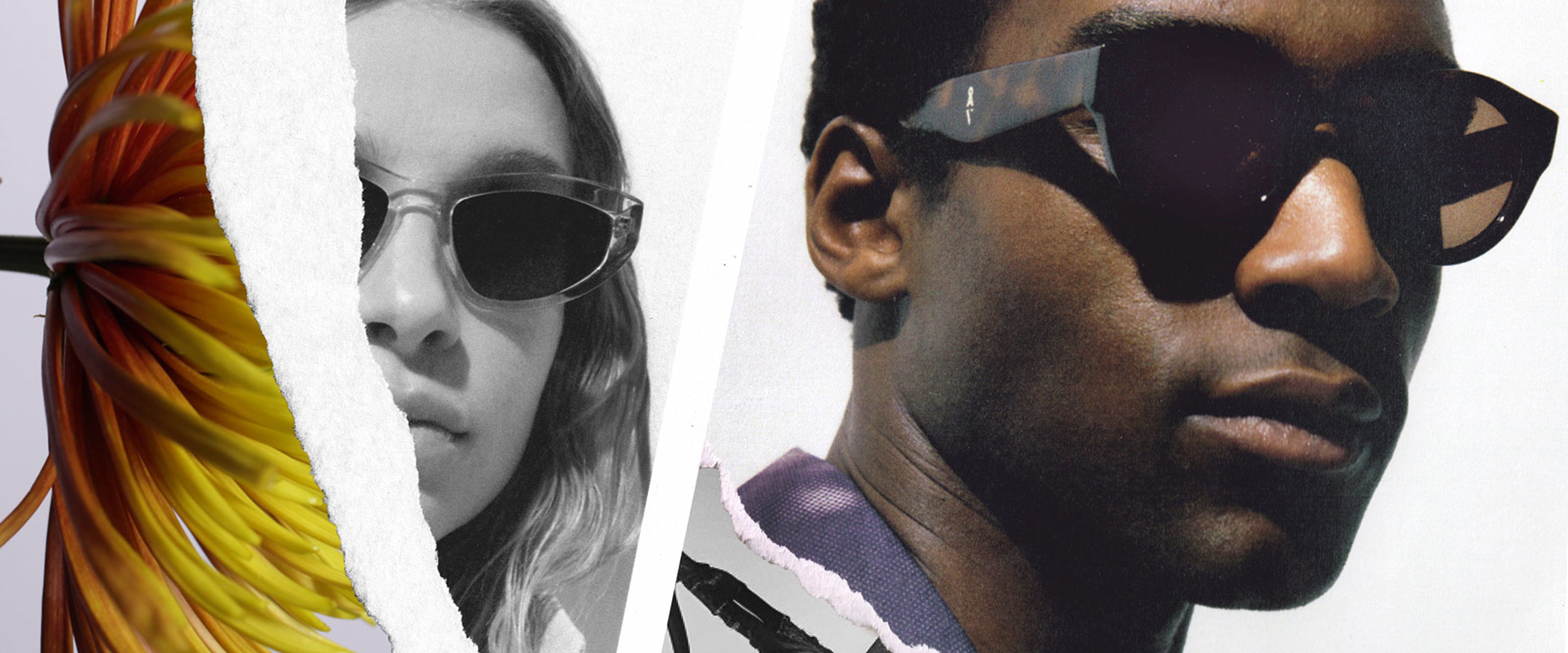 Zwei Porträts nebeneinander: links Person mit heller Sonnenbrille in einer Collage mit gelben Pflanzenfasern, rechts Person mit dunkler Sonnenbrille, beide in künstlerisch zerrissenem Papierrahmen dargestellt.