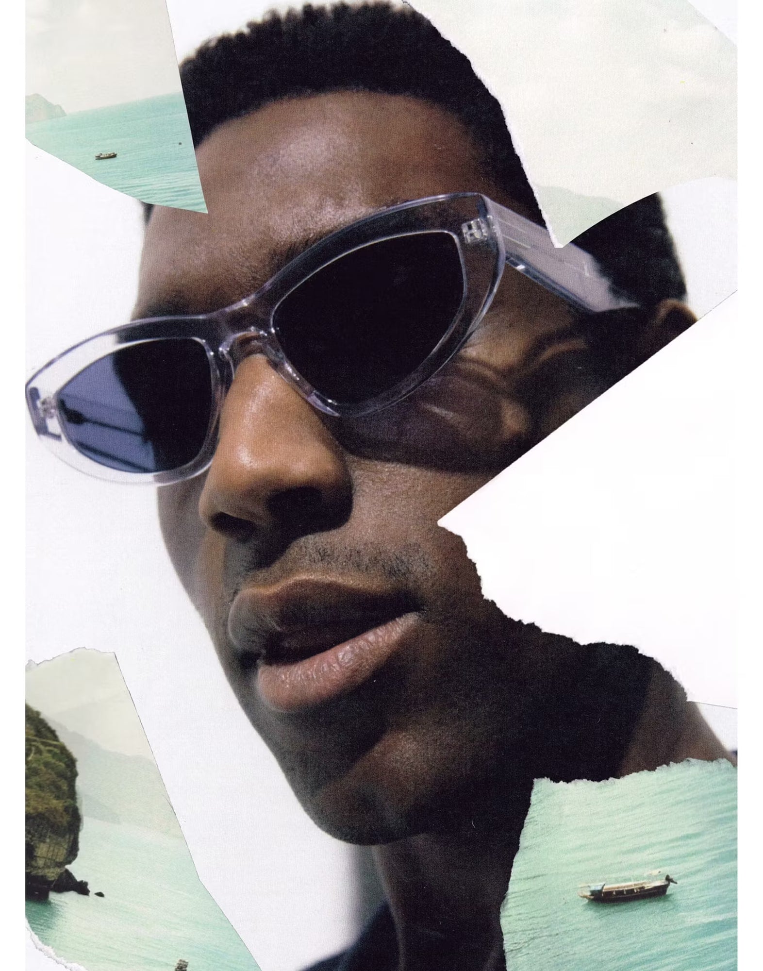 Porträt einer Person mit transparent-dunkler Sonnenbrille in einer Collage aus zerrissenen Landschaftsfotos mit Meer und Booten.