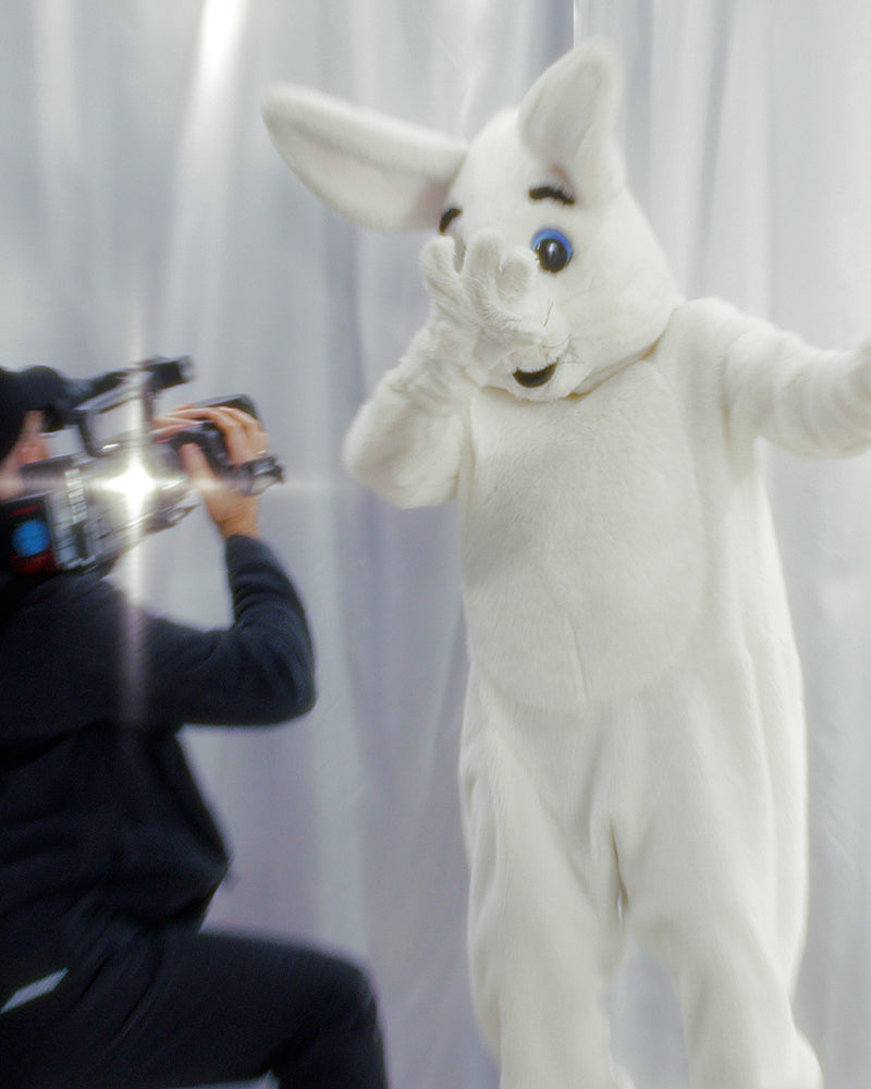 Ein weißer Osterhasen-Kostümcharakter posiert vor weißem Vorhang, während ein Fotogran ihn links aufnimmt.