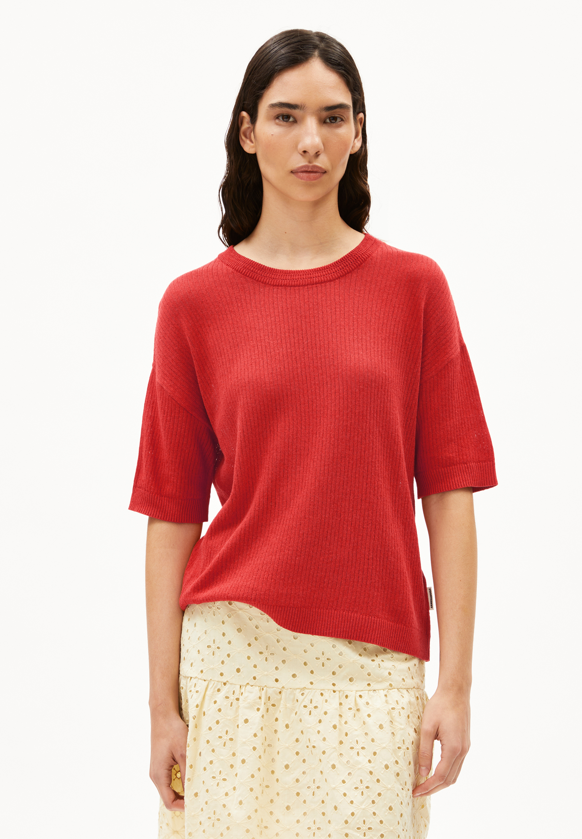 LIZAA LINO - Frauen Relaxed Fit Stricktop - rot