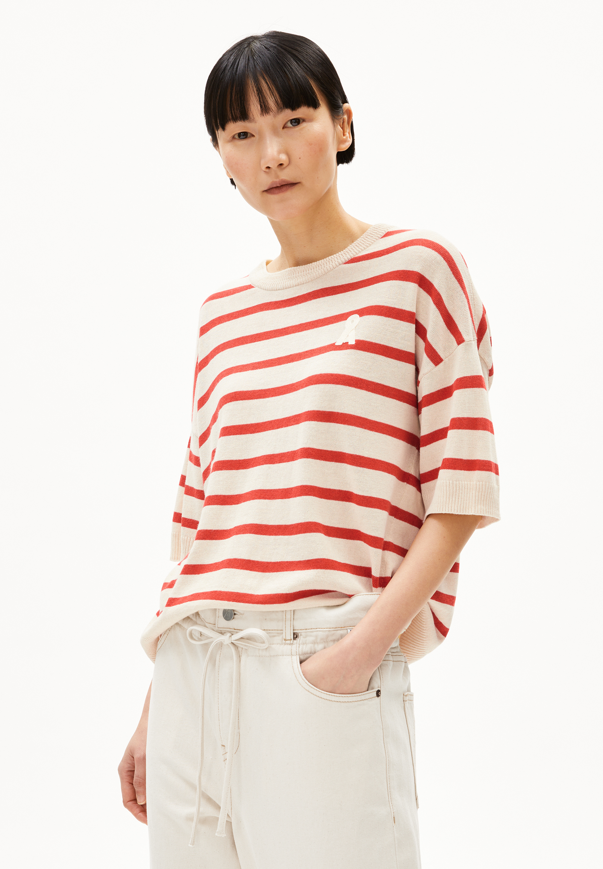 LIZAA LINO STRIPES - Frauen Relaxed Fit Stricktop - mehrfarbig